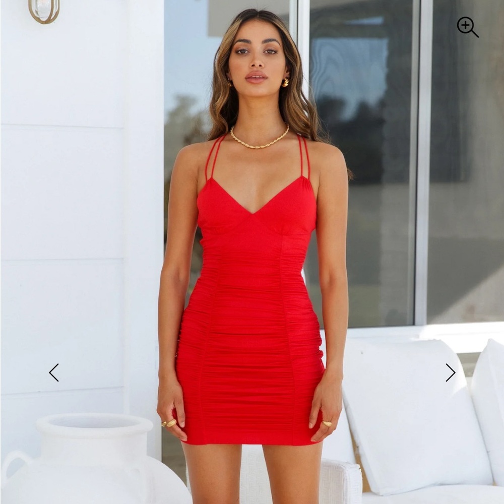 Hello Molly Mini Bodycon Red Ruched Dress - Picture 2 of 8